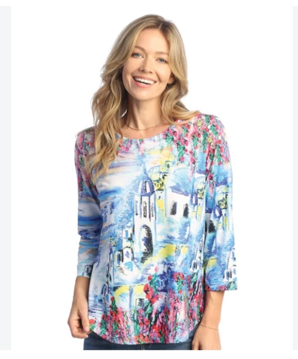 Jess & Jane Womens Greece Print Round Hem Top Plus Size 1X
